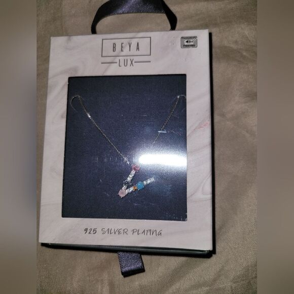 925 silver plating stone and diamond V necklace - Picture 1 of 4